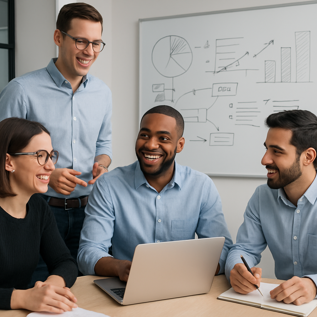 A team working in a modern environment with a whiteboard in the background-1