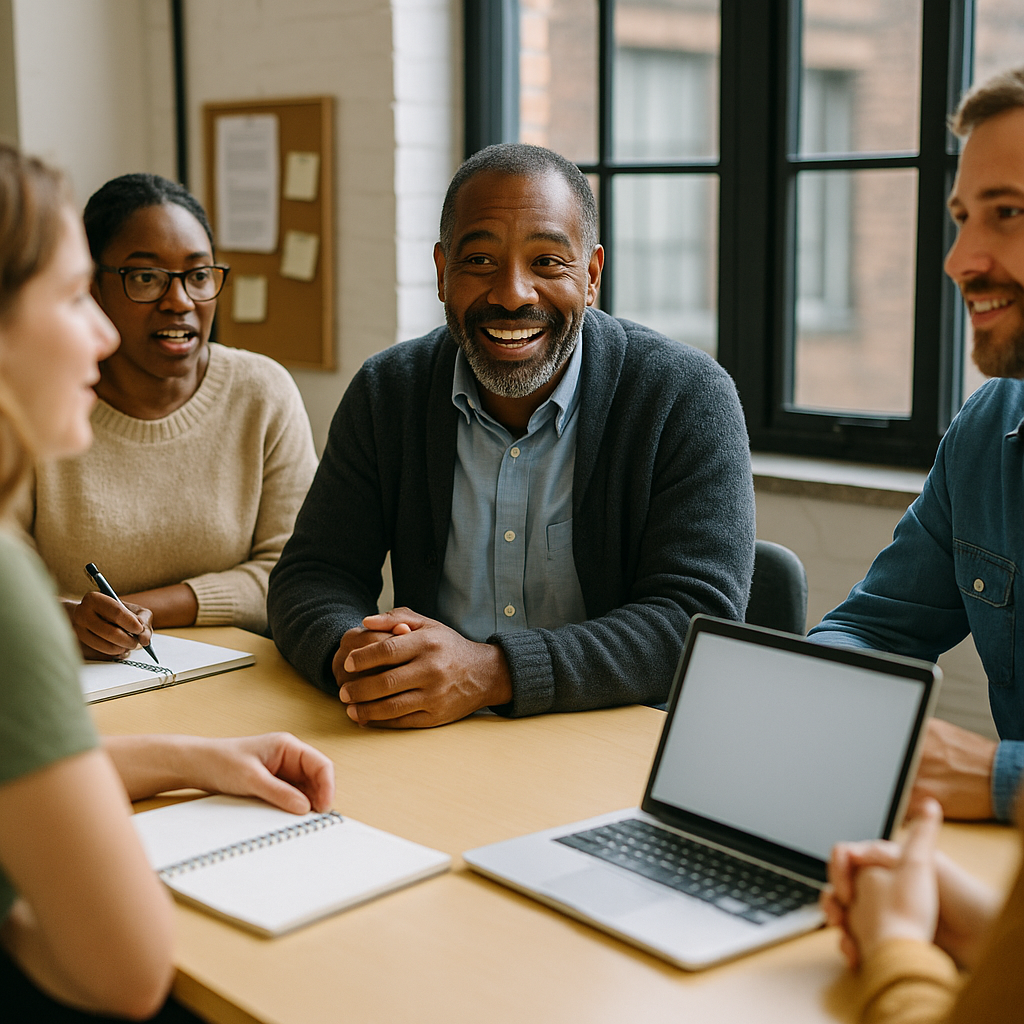 a non profit leader with his team at a board table It should be a candid photo